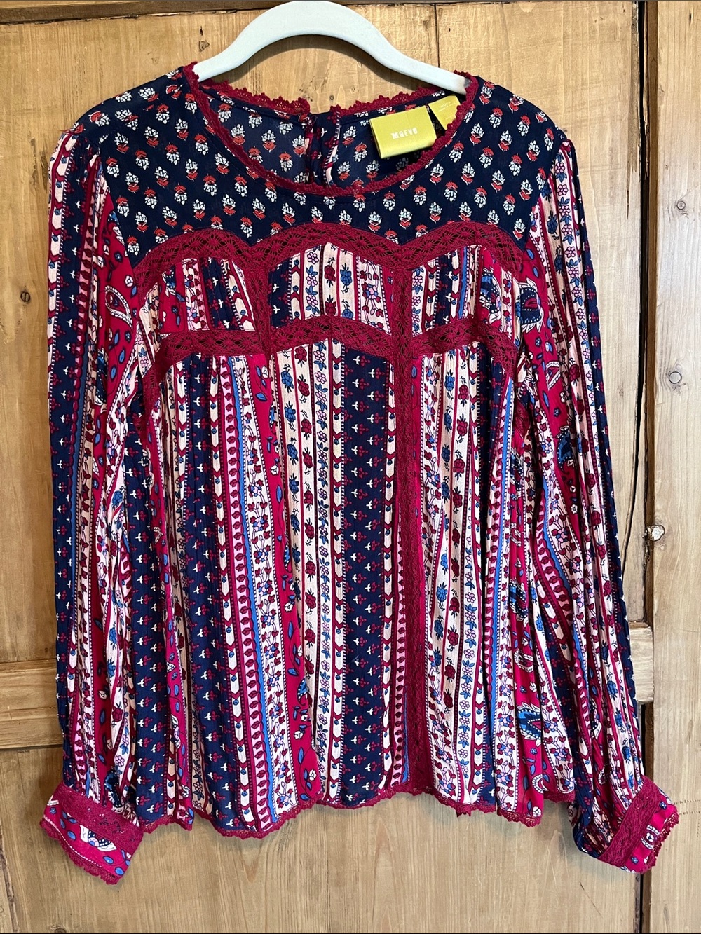 Maeve Anthropologie Navy and Maroon Boho Lace-Trim Peasant Blouse